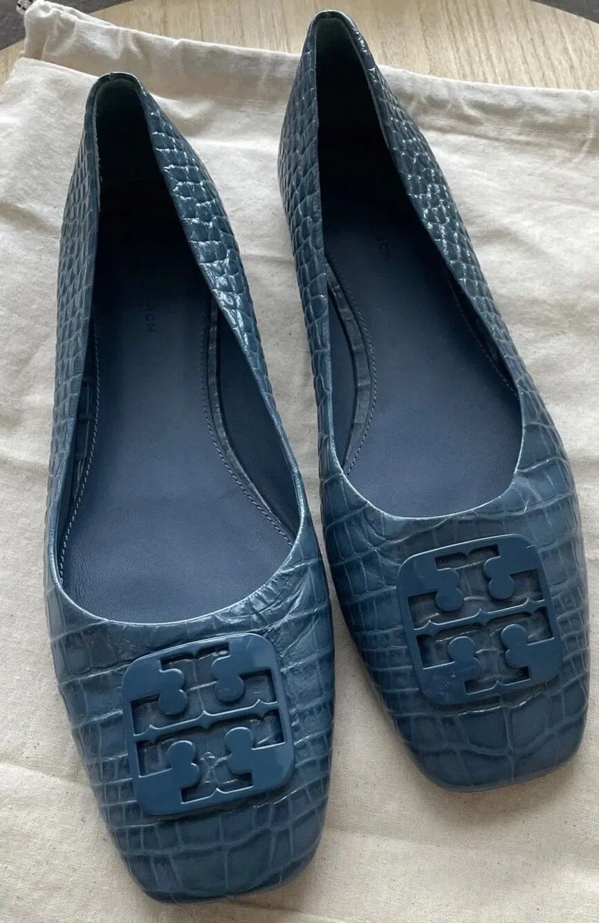 Tory Burch Georgia Flats Croc Embossed Leather Designer Chic Womens 10.5 New